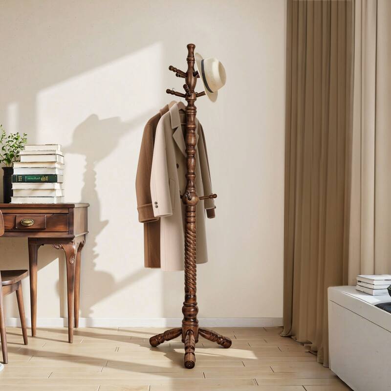 74.4" Solid Wood Coat Rack Freestanding, Coat Tree Stand with 11 Hooks - 74.4"H x 20.9"W