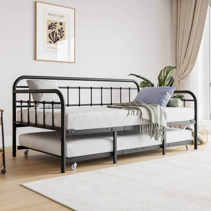 Metal Daybed Frame with Trundle, Heavy Duty Steel Slat Support Sofa Bed - Black