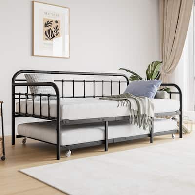 Twin Size Metal Daybed Frame with Trundle, Sofa Bed Platform with Headboard, No Box Spring Needed