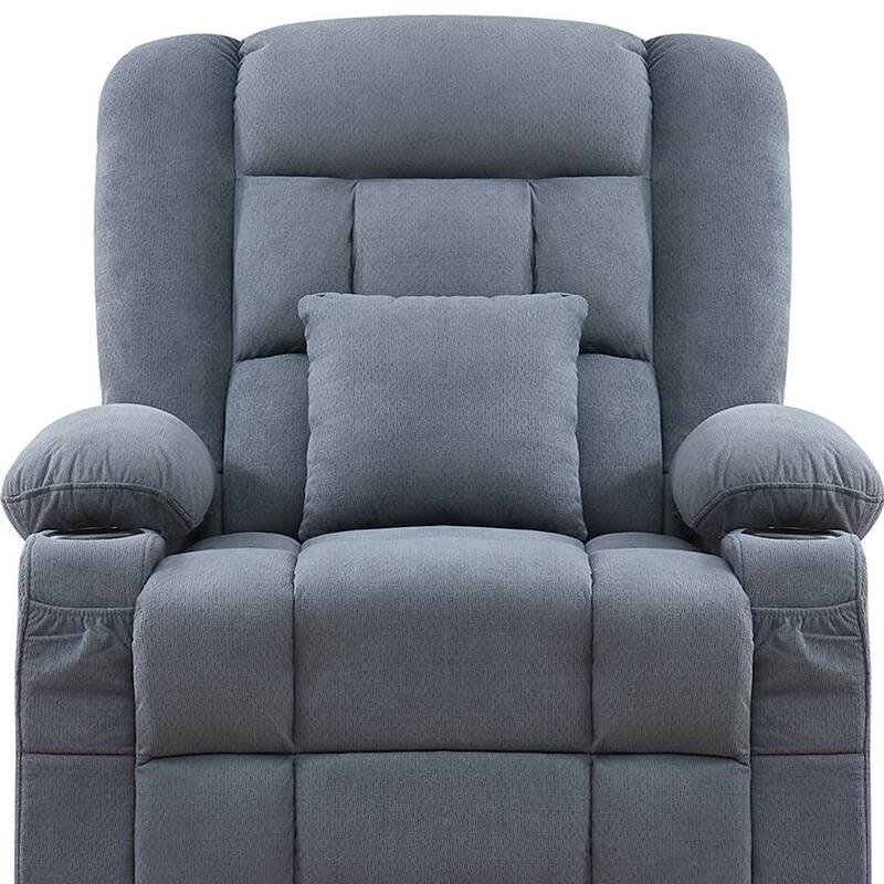 HomeRoots 38" Blue Tufted Cotton Blend Heated Massage Manual Swivel Recliner With USB