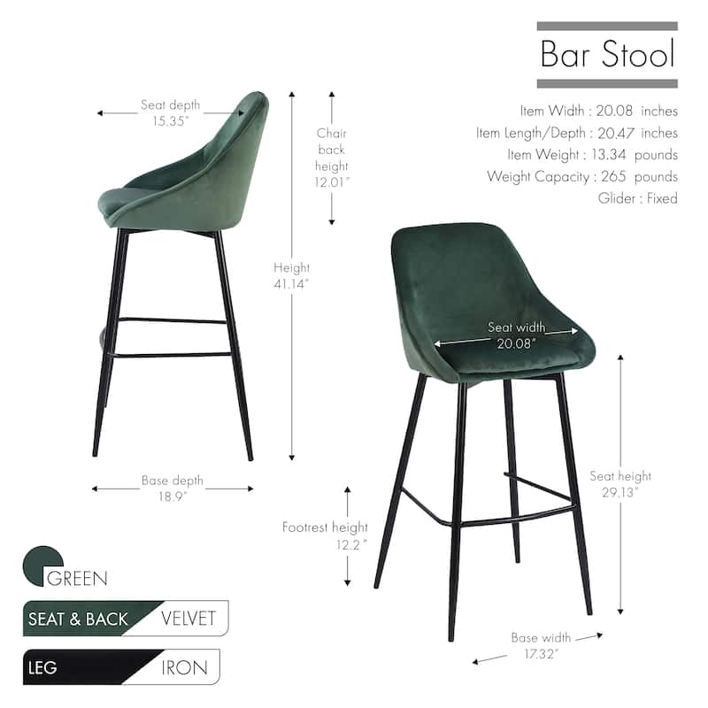 Porthos Home Ugo Bar Stools Set of 2, Velvet Upholstery, Iron Legs
