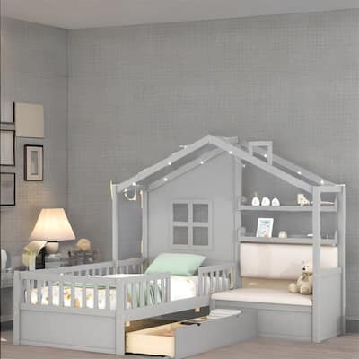 Twin Size Kids Platform Bed with Sofa and Storage Shelf