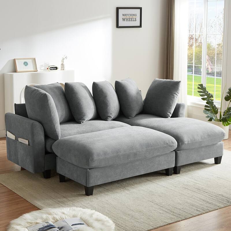 83" Chenille L-Shaped Sectional Sofa with Ottoman & 6 Pillows