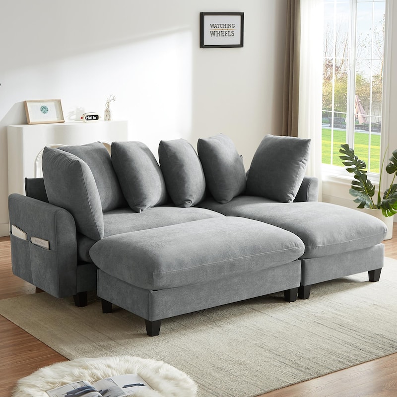 Roomfitters L-Shaped Sectional Sofa with Storage, Movable Ottoman and 6 Throw Pillows for Living Room
