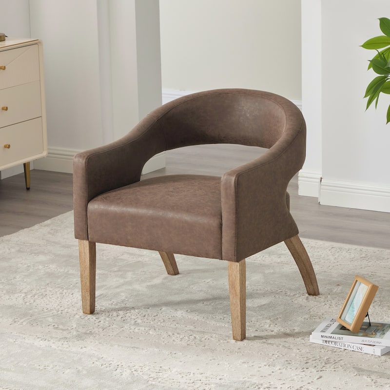 PU Leather Barrel Accent Chair, Ergonomic Lounge Reading Chair, Upholstered Armchair with Hollow Back & Solid Wood Legs