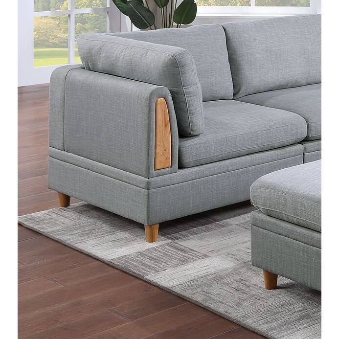 6pc Light Grey Fabric Modular Sofa Set - 3 Wedges, 2 Chairs, 1 Ottoman