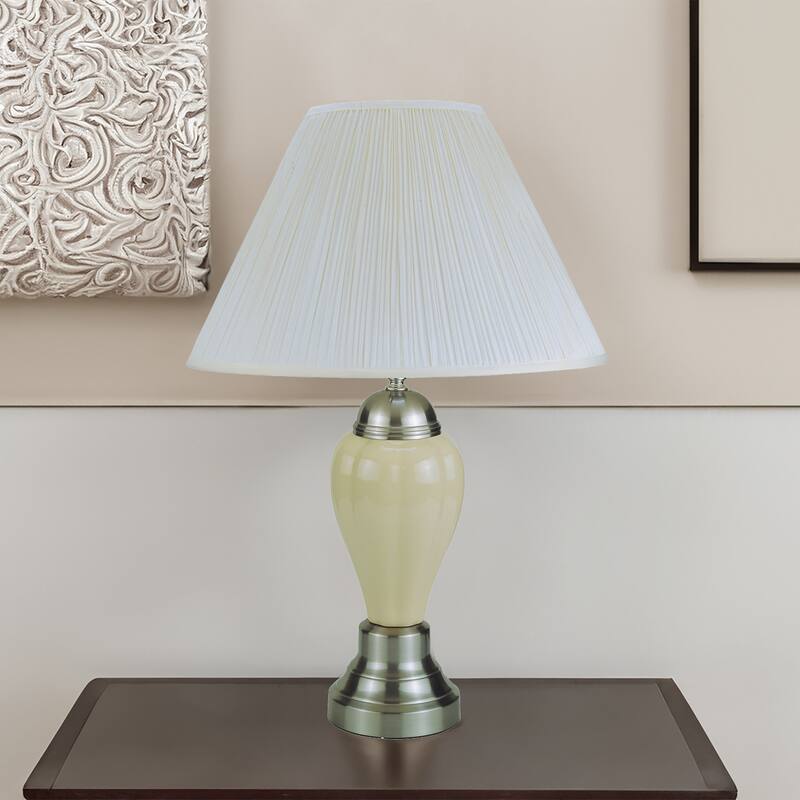 1pc Elegant Crafted Table Lamp Glossy Ivory Base Contrasting Metallic Details Pleated Shade Modern Look Porcelain Rotary Switch - Ivory