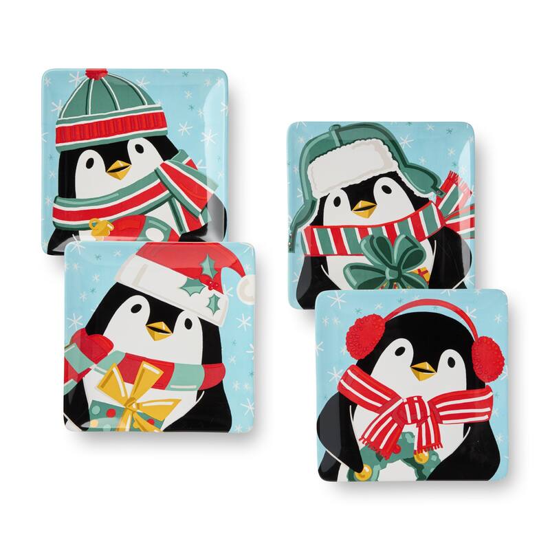 Certifed International Christmas Whimsy Penguin Set of 4 Dessert/Salad Plates 8.5" Assorted Designs - 8.5 L x 8.5 W x 1 H