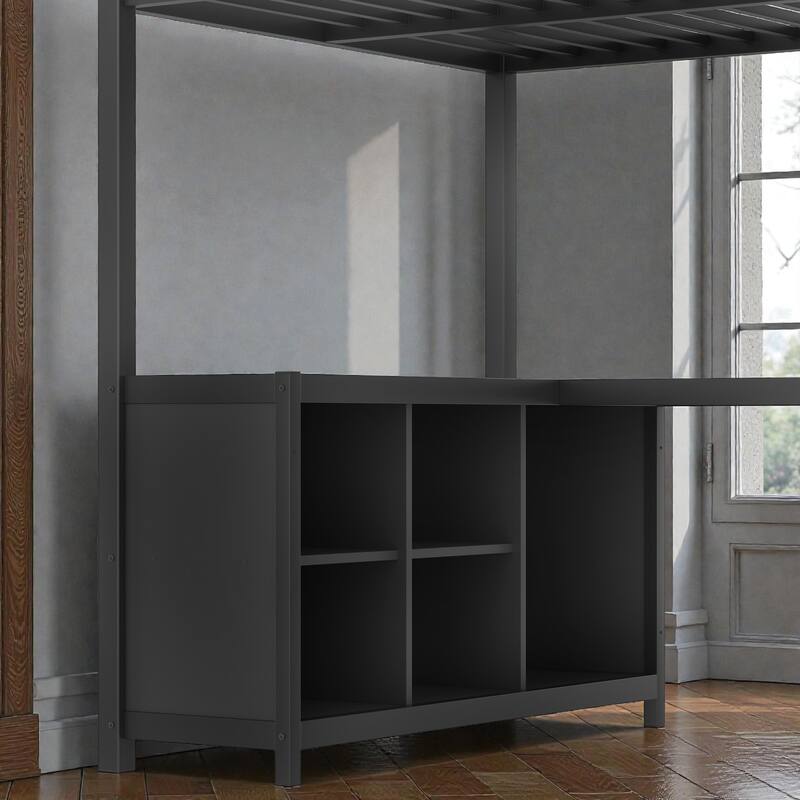 Twin XL Metal Loft Bed with Wardrobe and L-Shaped Desk, Storage Shelves and Cubes, Space-Saving Loft Bed for Kids Teens Adults