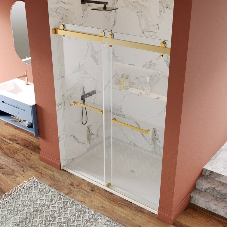 DeerValley 56" - 60" W x 76" H Double Sliding Frameless Shower Enclosure, Stainless Steel Accessories