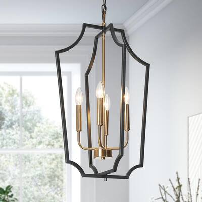 Mid-Century Modern 4-Light Black Gold Lantern Chandeliers Metal Pendant Light Fixture