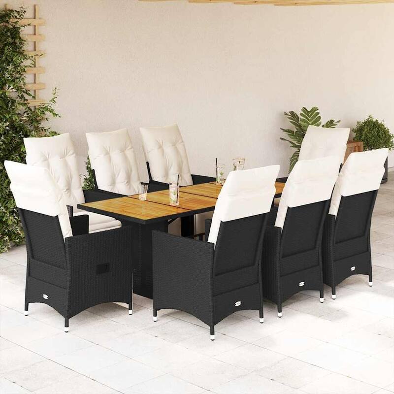 vidaXL Patio Dining Set with Cushions Table and Chairs Outdoor Black Poly Rattan - 23.2 x 22 x 36.2 - Black 8-seater Wood