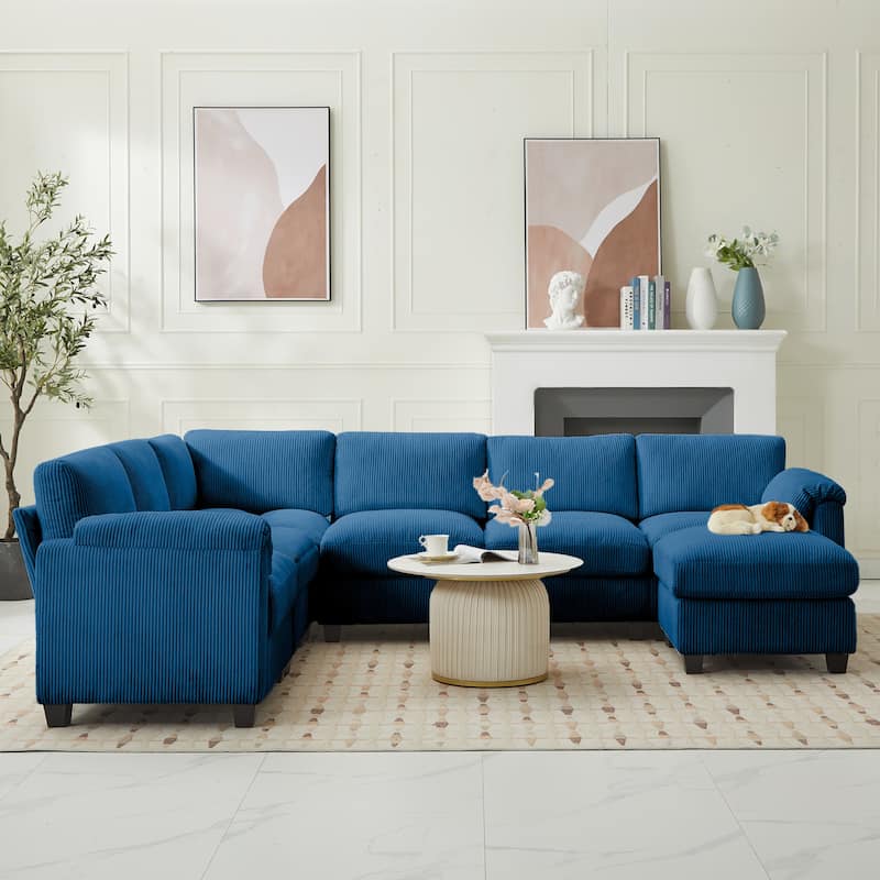 Corduroy Corner Sectional Sofas with a Removable Ottoman, L-shaped Reversible 7-seat Modular Couch