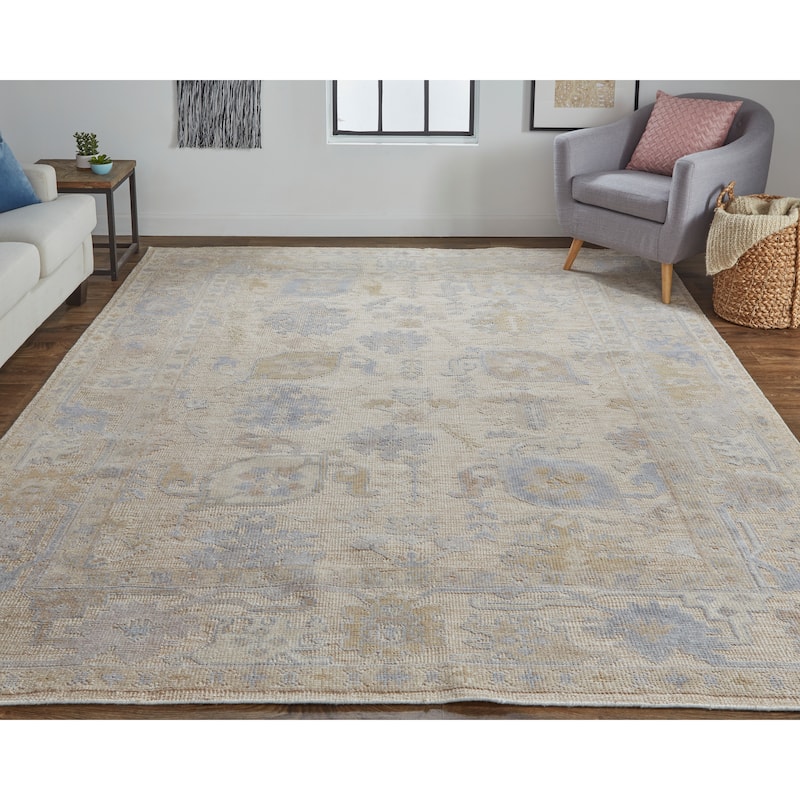 Tierney Eco Friendly PET Oushak Area Rug, Ivory Tan/Stone Blue