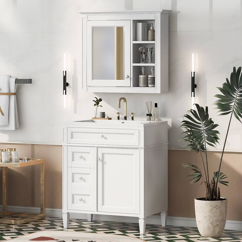 Modern Single Sink Bathroom Vanity Set with Drawers & Mirror Cabinet