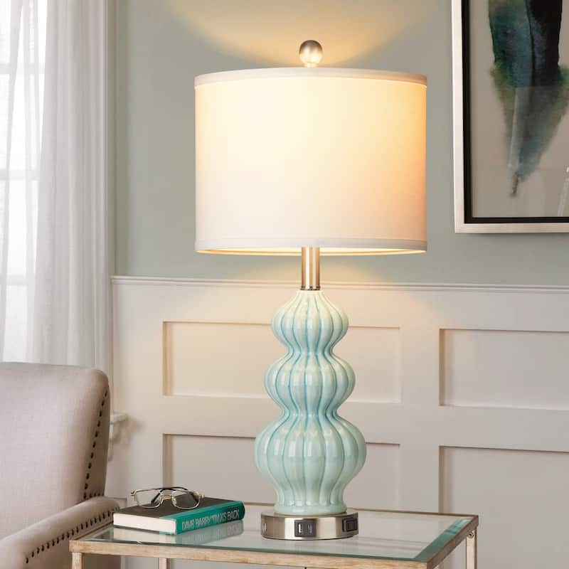 Table Lamps Ceramic Cyan Drum Shade USB Charging Port AC Outlet Touch Switch (Set of 2) - 12'' x 12'' x 25'' (L x W x H)
