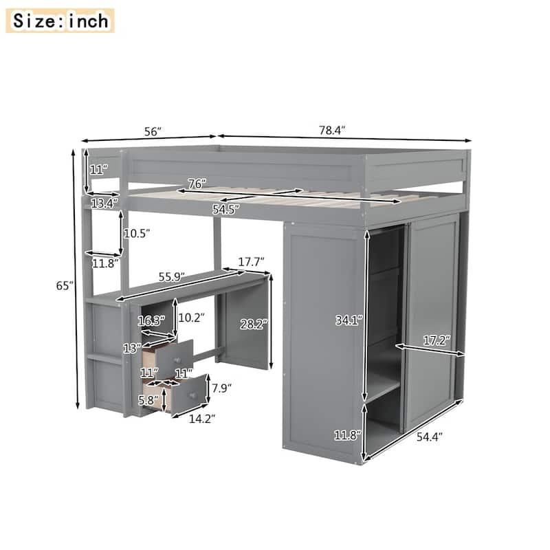 Merax Wood Loft Bed with Wardrobes and 2-Drawer Desk with Cabinet
