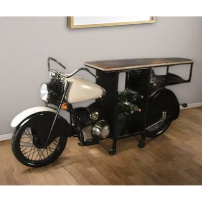 HomeRoots Black and White Metal And Solid Wood Rolling Bar Cart With Wine Storage - 90.00 in. x 39.00 in. x 18.00 in.