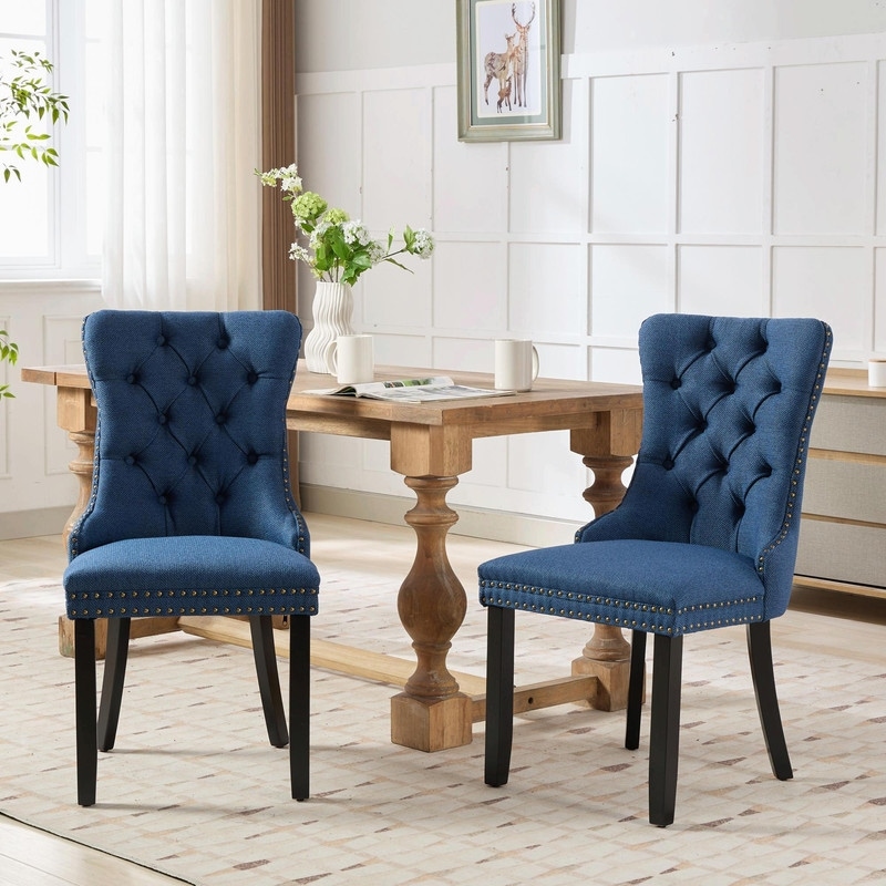 Set of 2 Nikki Collection Modern Tufted Linen Dining Chairs with Solid Wood Legs & Nailhead Trim