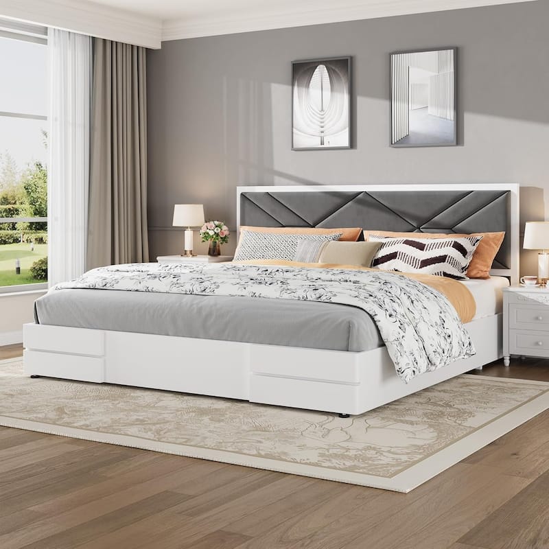 Wooden Bed Frame with Fabric Upholstered Headboard