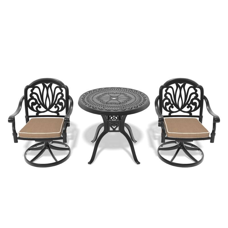 3-Piece Aluminum Round Outdoor Patio Dining Set, 2 Cushioned Swivel Chairs, Table, All-Weather Frames