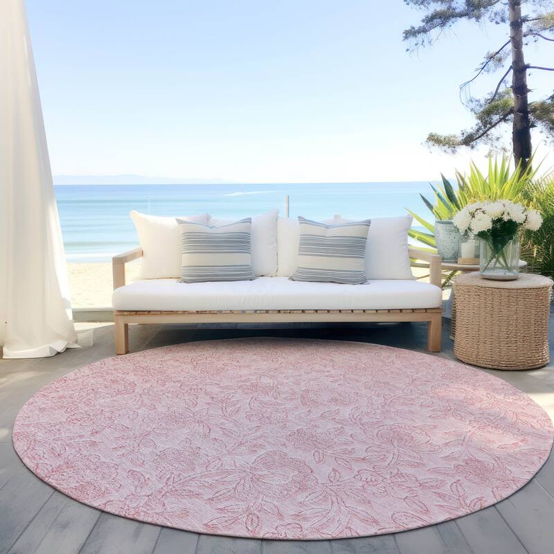 Machine Washable Indoor/ Outdoor Chantille Floral Farmhouse Rug - Pink - 8' x 8'