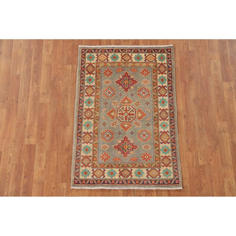 Geometric Kazak Foyer Rug Handmade Grey Wool Carpet - 2'8" x 4'0"