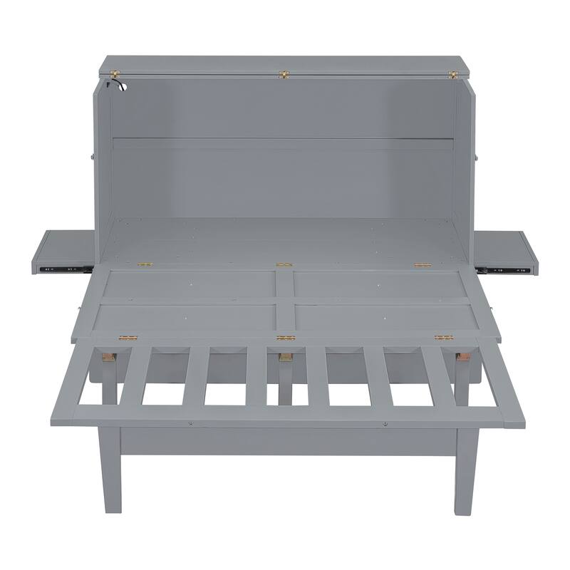 Queen Size Foldable Murphy Bed Convertible Wall Cabinet Bed with USB Ports, Dual Power Outlets and Sliding Side Tables