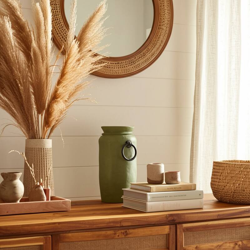 Pottery Decorative Vase with Side Handles Boho-Inspired Silhouette