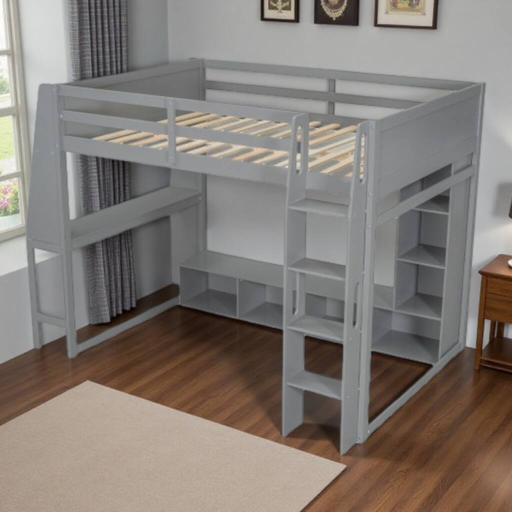 Full/Twin Size Wood Gaming Loft Bed with Desk, LED Lights, Hanging Clothes Rack & Storage Shelves