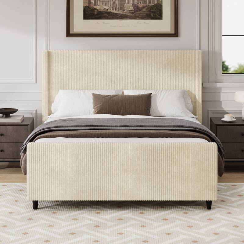 King Size Corduroy Upholstered Bed Frame with Wingback Headboard, Cream