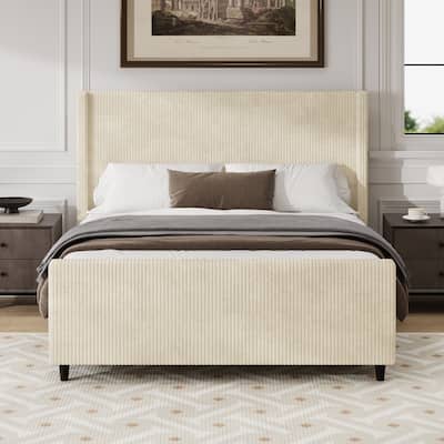 Queen/King Corduroy Bed Frame with 50.7'' Tall Headboard, Upholstered Platform Bed w/Vertical Stripe Wingback & High Footboard