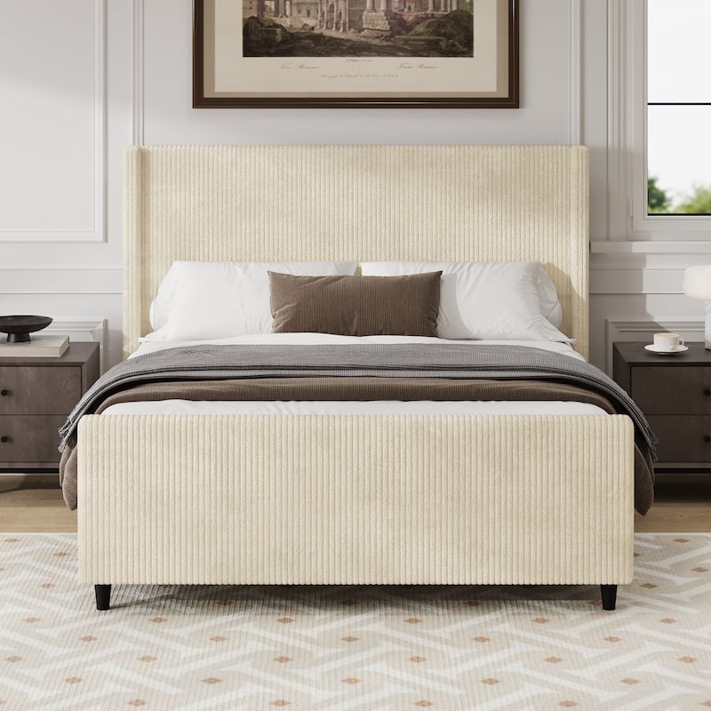 Queen Size Cream Corduroy Upholstered Bed Frame with Wingback Headboard and High Footboard, No Box Spring Needed