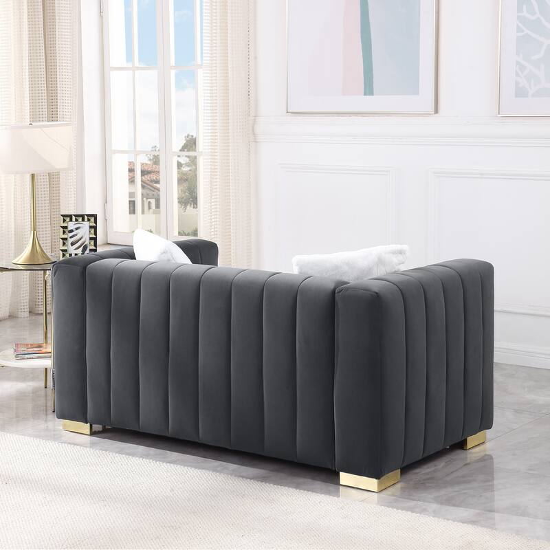 Grey Velvet Loveseater Channel Sofa with Plush Foam Cushions