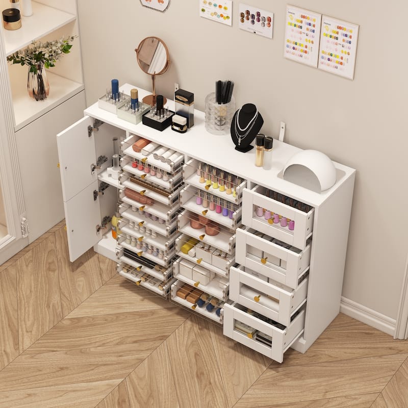 Nail Polish Organizer Cabinet w/Clear Acrylic Drawers Salon Makeup Vanity Storage Dresser
