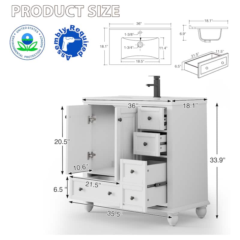 Retro Bathroom Vanity Cabinet Solid Wood Classic with Ceramic Sink