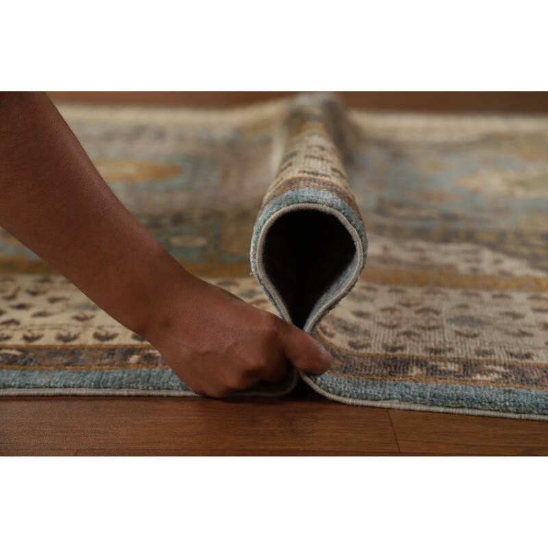 Hand Knotted Oriental 100% Wool Carpet Traditional Geometric Navy Blue & Blues Kazak Area Rug - 9' 9'' X 6' 7''