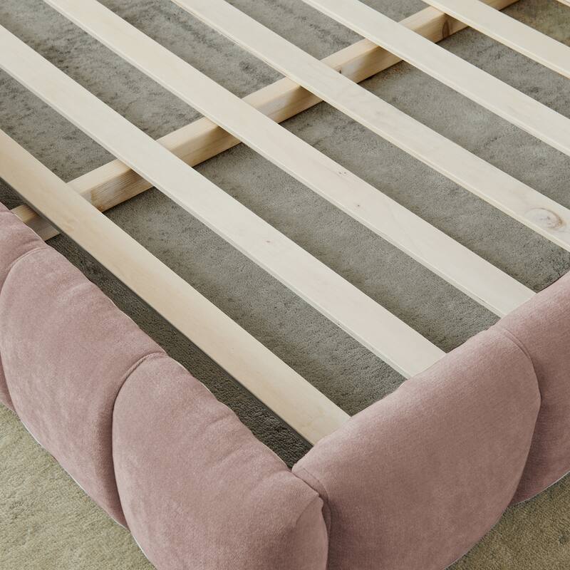 King Size Upholstered Platform Bed with Headboard, Pink Chenille Fabric, No Box Spring Needed