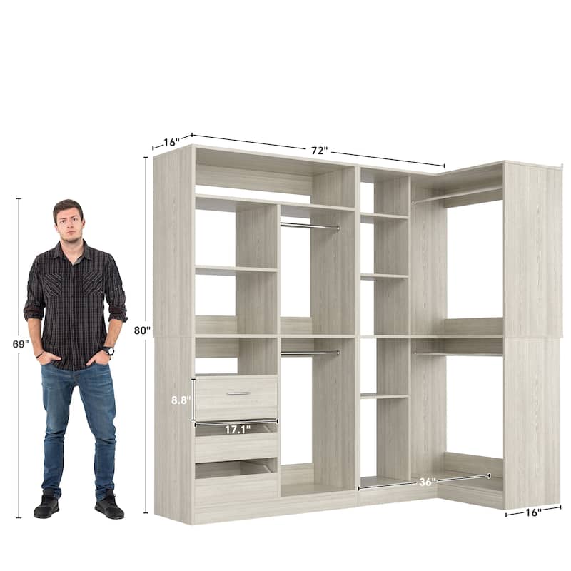 Qvella Set of 2 Corner Closet System with Drawers and Hanging Rods,72 Inches Wide Closet Organizer for Walk-in Closet