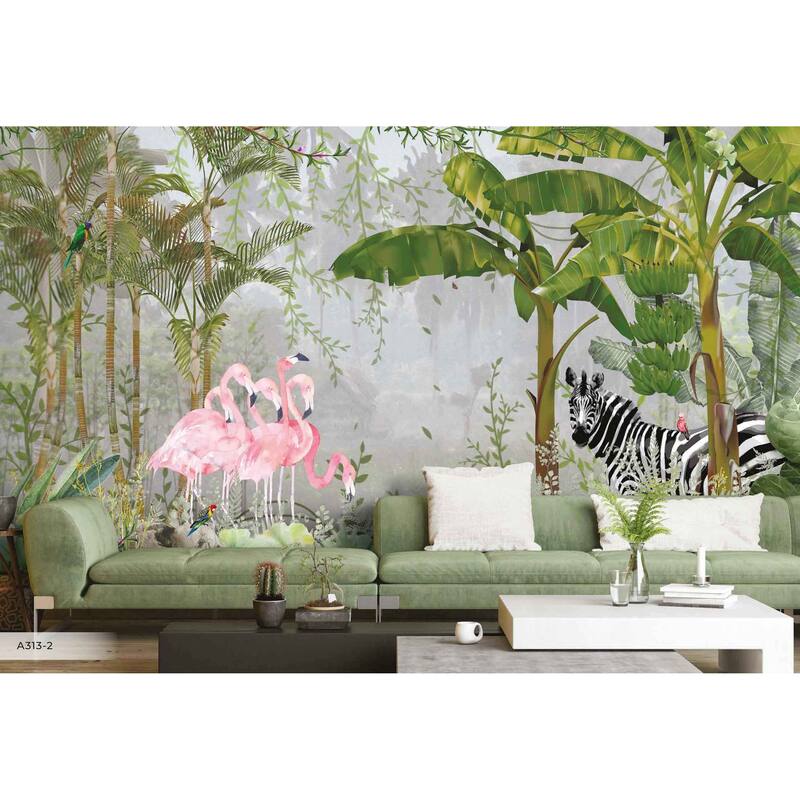 Exotic Tropical Jungle Wallpaper Mural Flamingos and Zebra