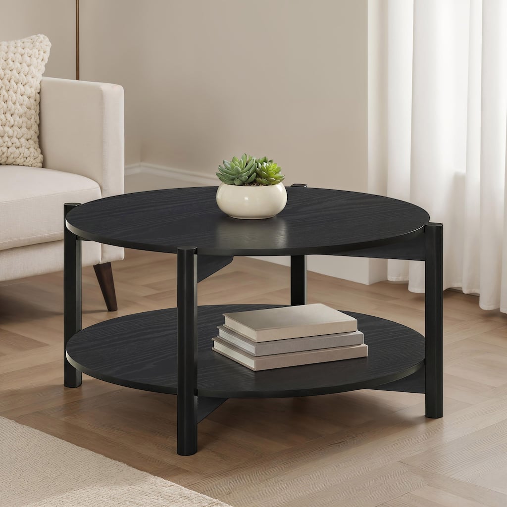 Furniture of America Rovion Round Wood Coffee Table with Open Bottom Shelf