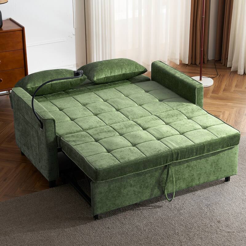 Loveseat Sofa Pull-out Sofa Bed with a Reversible Backrest Cushion, Side Pockets, Two USB Ports and a Phone Holder