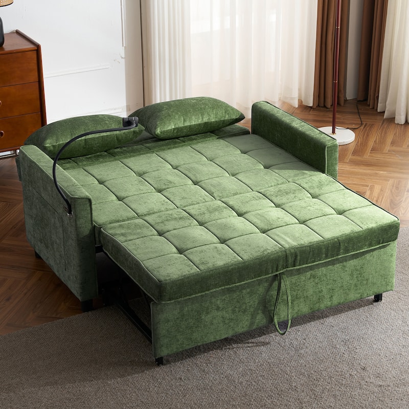 Roomfitters Loveseat Sleeper Sofa Bed with USB Ports, Reversible Cushion, Side Pockets and Phone Holder