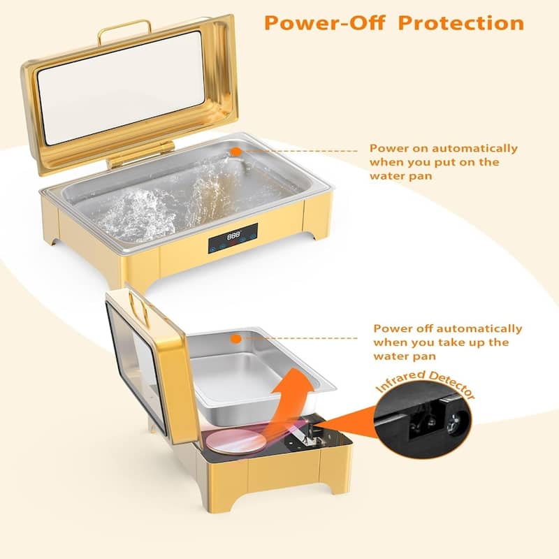 Electric Chafing Dish 9QT Full Size Touch Screen Chafing Dishes for Buffet Roll Top Set Food Servers and Warmer Gold - 9L