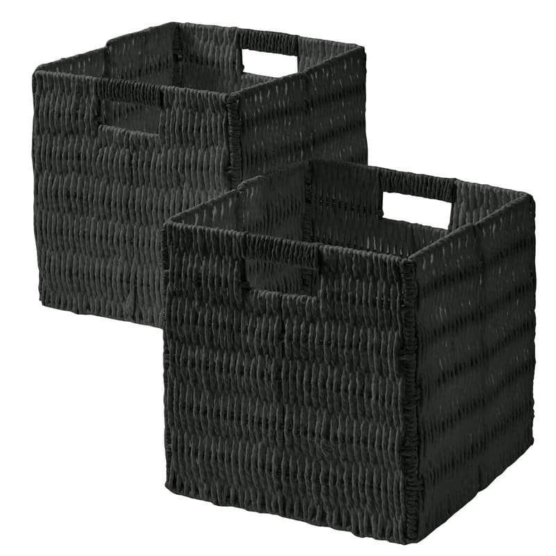 2 Pack Foldable Paper Wicker Shelf Storage Basket Cube Bin with Handles - Black - 10.5 x 10.5 x 10.5