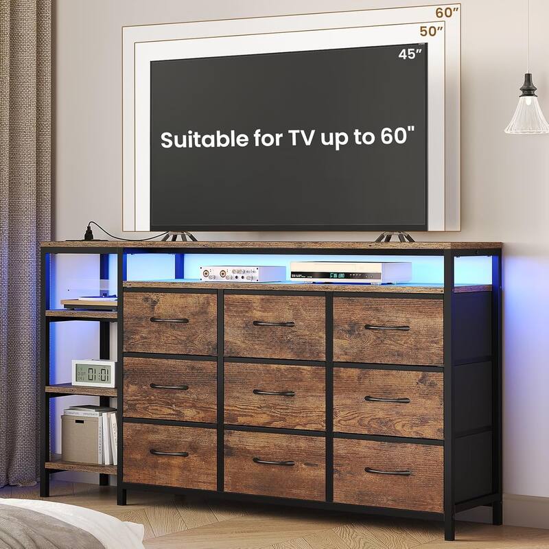 TV Stand Dresser for Bedroom LED Lights Charging Station Fabric Drawers
