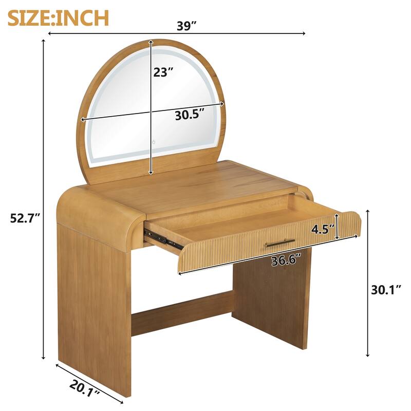 Anmytek 39" Lighted Touch Screen Mirror Makeup Vanity with Drawer Natural Bedroom Dressing Table