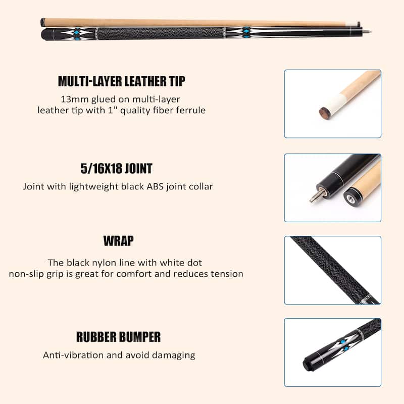 GSE™ Set of 4 Maple Hardwood Billiard Pool Cue Sticks for Men/Women. 58" 2-Piece Pool Cue Set for House or Commercial Use