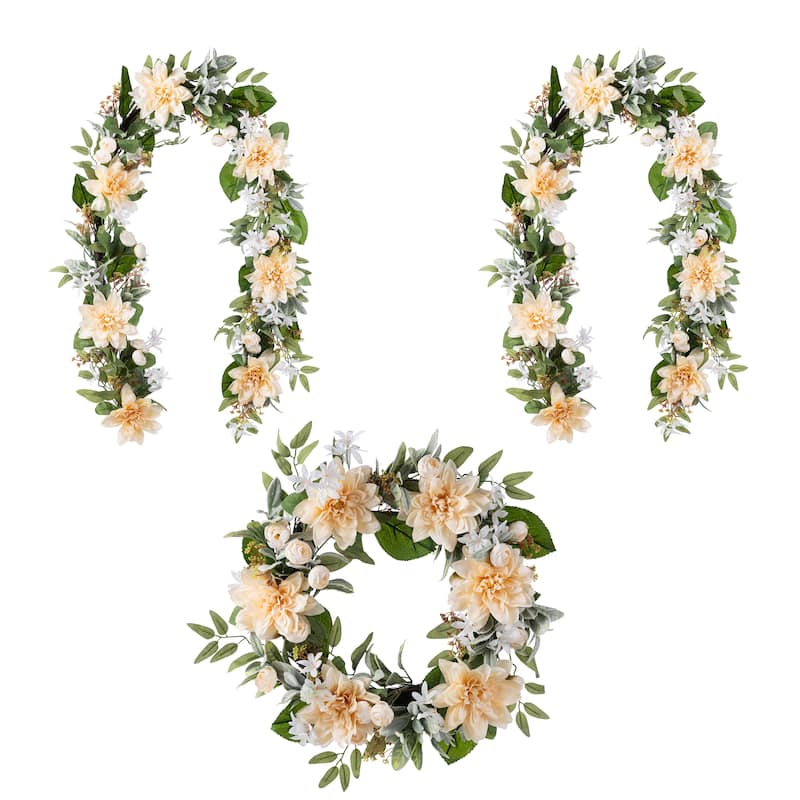 Glitzhome Peach Dahlia Floral Wreath Teardrop Garland - 2PKGarlands&1PKWreath