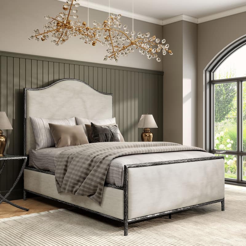 247 Shop At Home Lalia Modern Beige Upholstered Hammered Metal Camelback Bed - Matte Grey - Full
